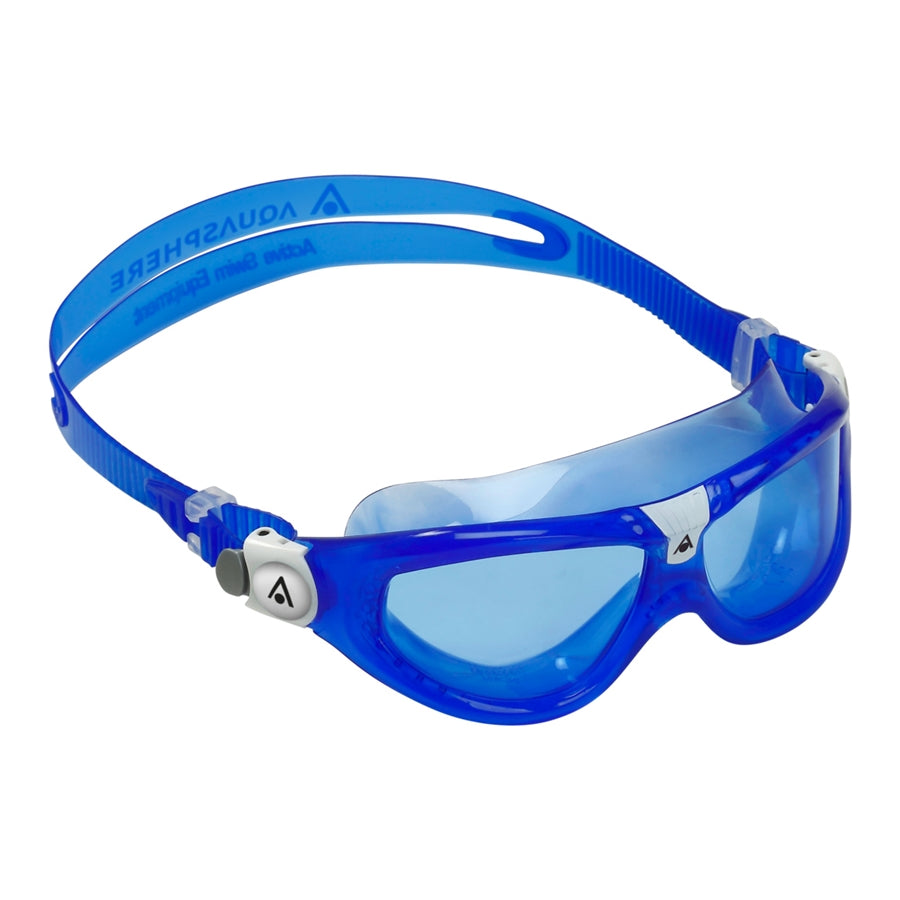 Aquasphere Seal Kids 2.0 swimming mask with adjustable strap and clear lens, designed for young swimmers' comfort and visibility.