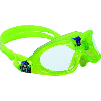 Kids' Aquasphere Seal 2.0 swimming mask showing clear silicone skirt and adjustable strap, designed for comfortable fit.