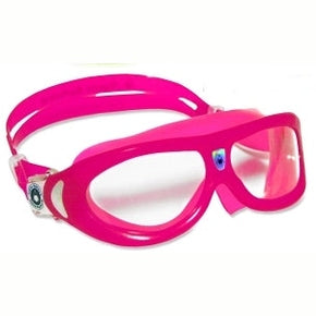 Aquasphere Seal Kids 2.0 swimming mask with clear silicone skirt and adjustable strap, designed for young swimmers.