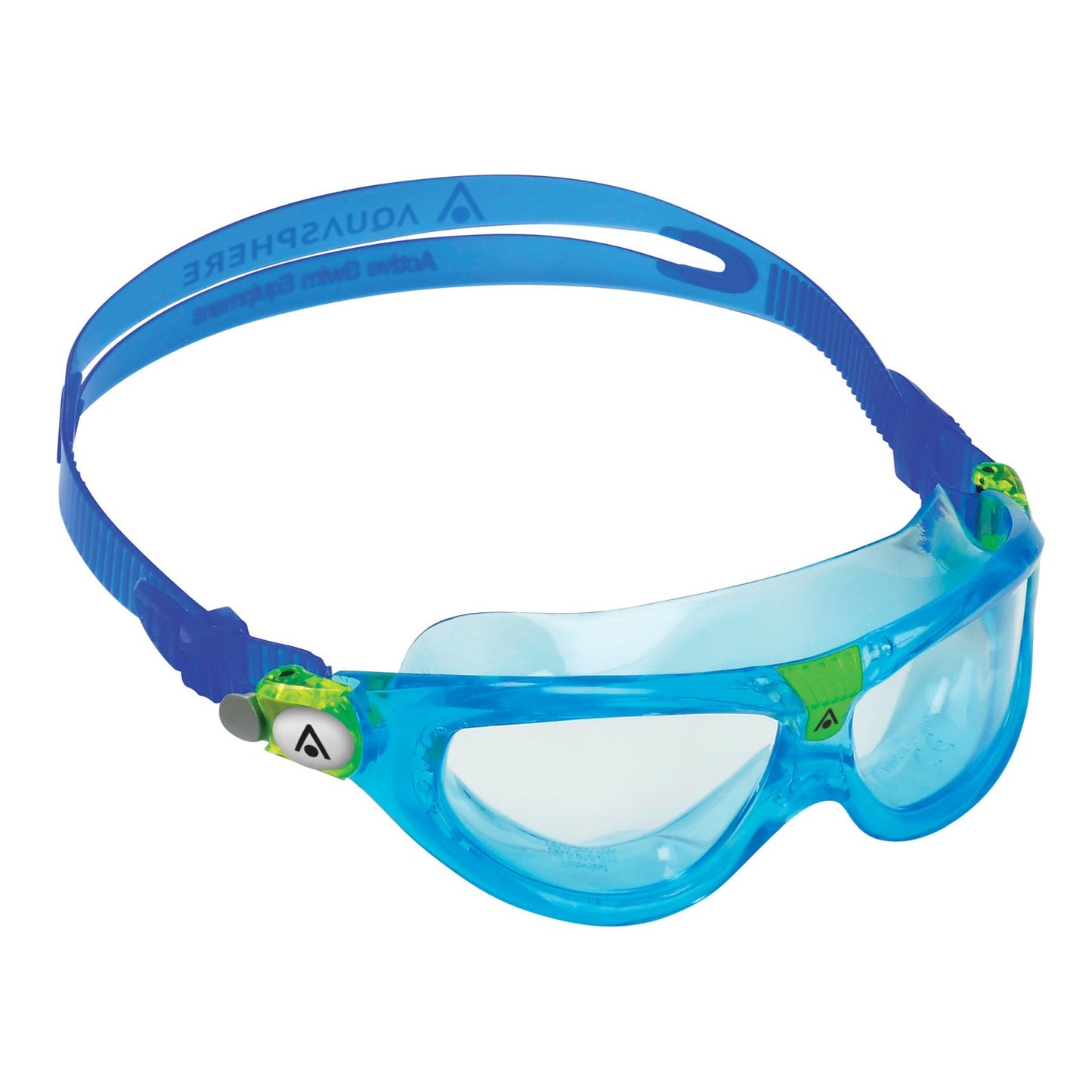 Kids' Aquasphere Seal 2.0 swimming mask with clear silicone skirt and adjustable straps, designed for comfortable fit and water protection.
