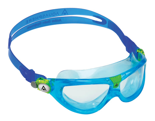 Kids' Aquasphere Seal 2.0 swimming mask with clear silicone skirt and adjustable straps, designed for comfortable fit and water protection.