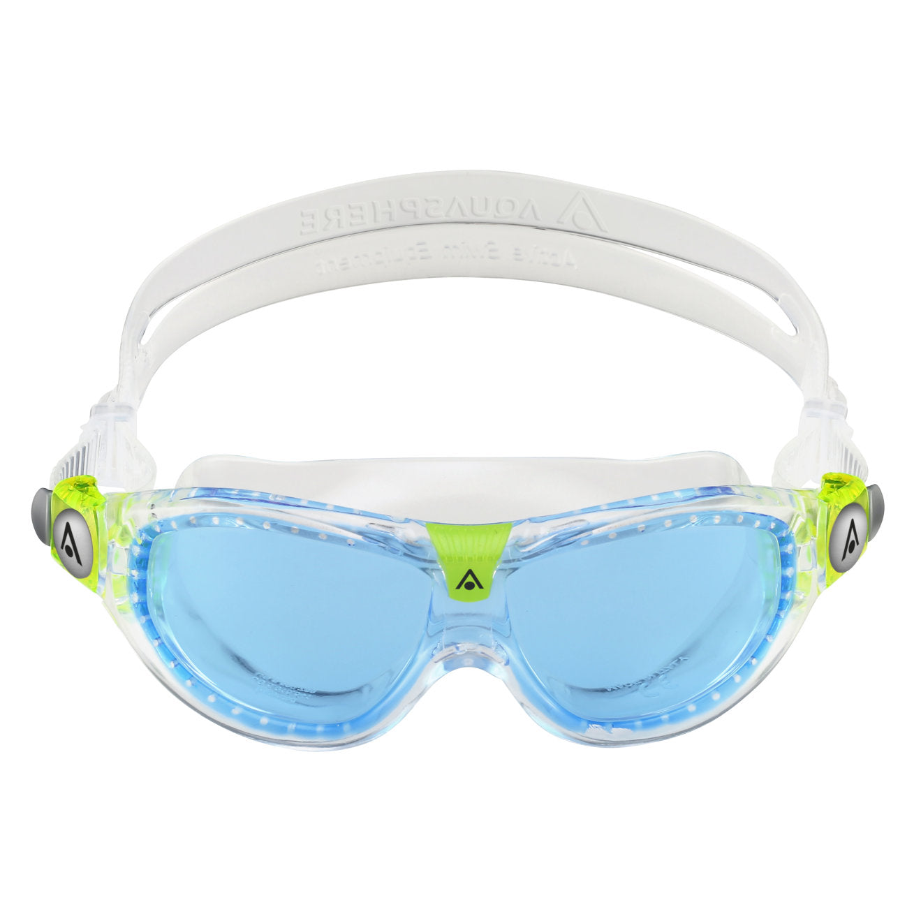Aquasphere Seal Kids 2.0 swimming mask with clear silicone skirt, adjustable strap, and tempered glass lenses for young swimmers.