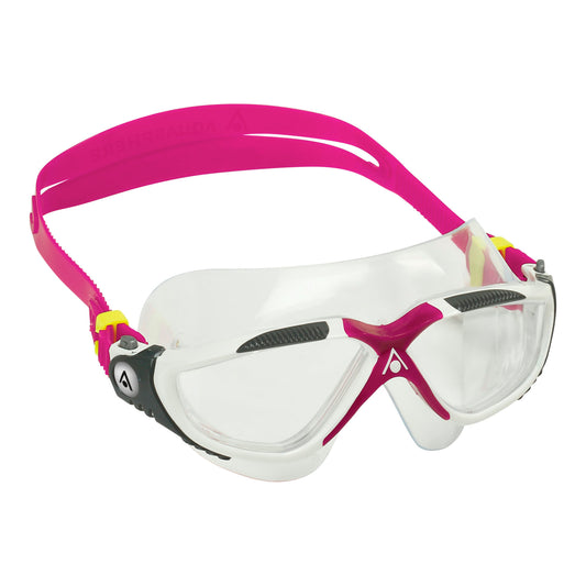 Aquasphere Vista swimming mask with clear lenses and adjustable straps, designed for comfortable underwater swimming.