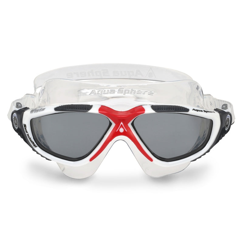Aquasphere Vista swimming goggles with clear lenses and adjustable straps, designed for comfortable, secure fit during swimming activities.