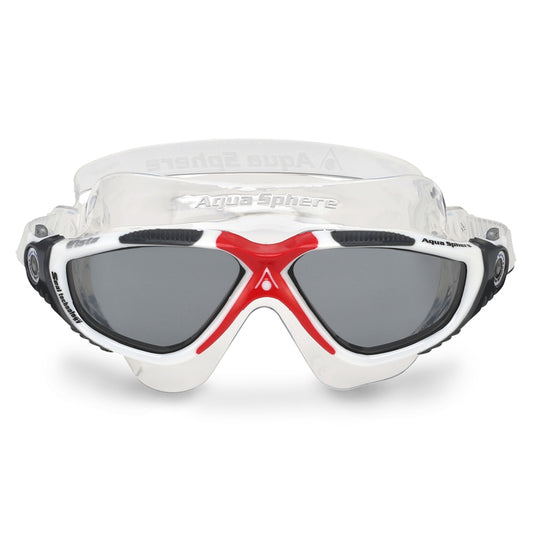 Aquasphere Vista swimming goggles with clear lenses and adjustable straps, designed for comfortable, secure fit during swimming activities.