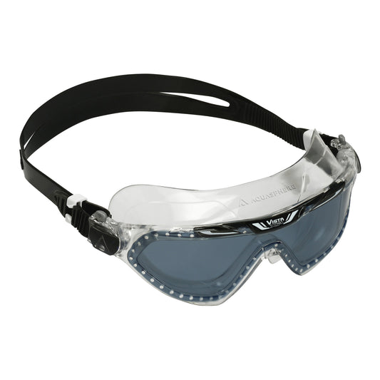 Aquasphere Vista XP swimming mask with clear lenses and adjustable strap, designed for comfortable underwater swimming.