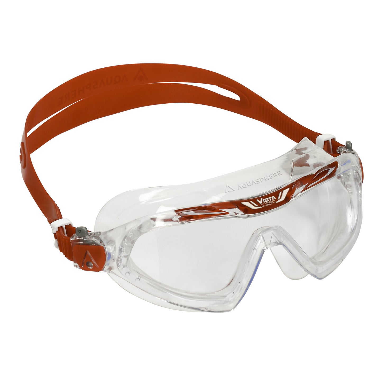 Aquasphere Vista XP swimming mask with clear silicone straps and lens for comfortable, wide-angle underwater vision.