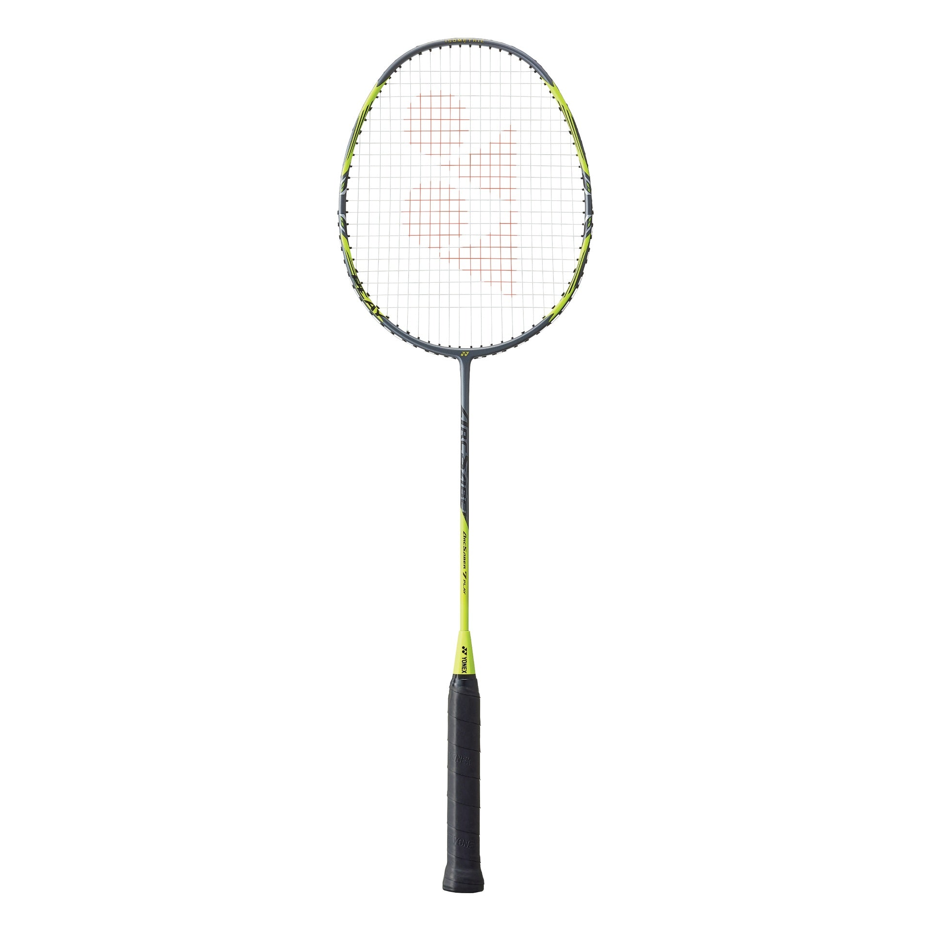 Yonex Arcsaber 7 Play badminton racquet with black and red frame, lightweight design, and grip for competitive play.