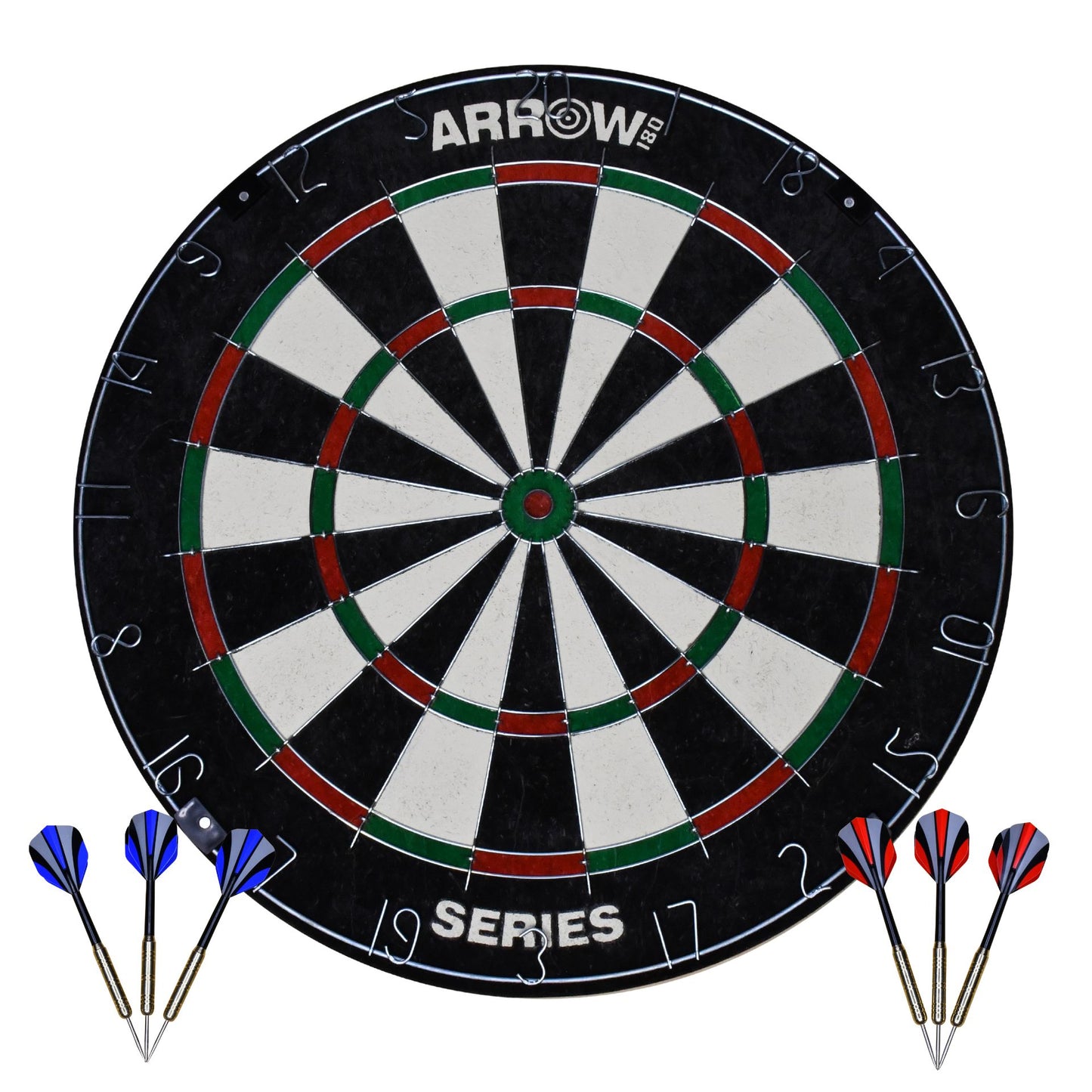 Arrow180 Bristle Dartboard Set with darts, mounted on a wall for recreational playing and dart game practice.