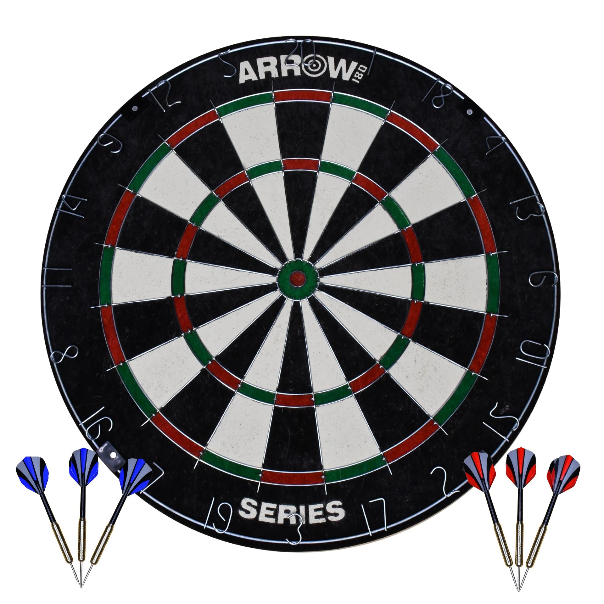 Arrow180 Bristle Dartboard Set with darts, mounted on a wall for recreational playing and dart game practice.