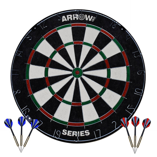 Arrow180 Bristle Dartboard Set with darts mounted on a wooden cabinet, ideal for indoor recreational gameplay.
