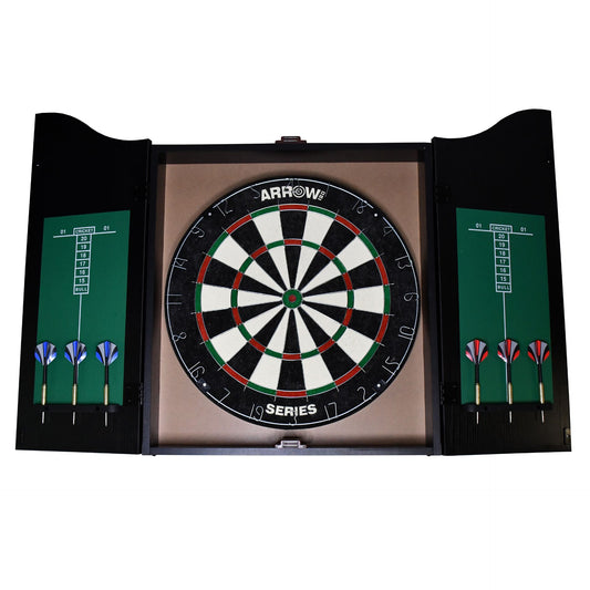 Arrow180 Bristle Dartboard Cabinet Set with darts and accessories, featuring a wooden cabinet for storing darts and game accessories.