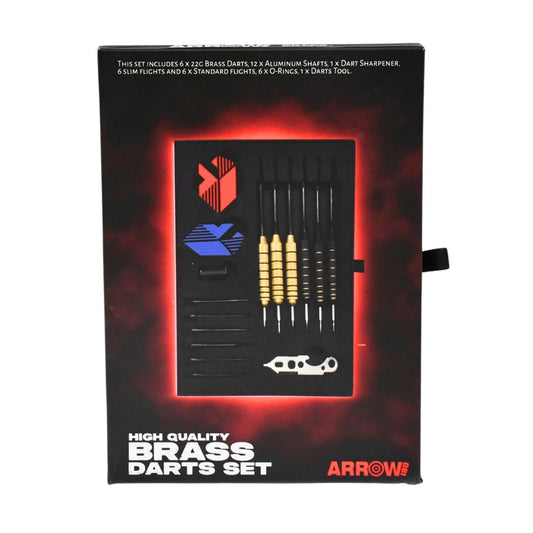 Arrow180 Brass Darts Set for sporting goods, featuring sleek brass darts with detailed tips and flights.