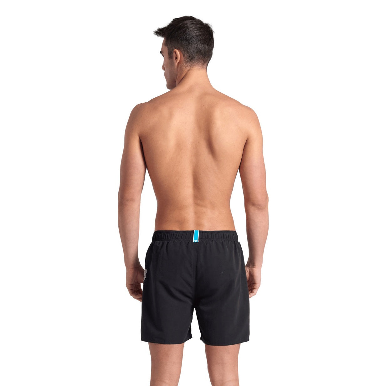 Arena men's Fundamental swimming shorts shown with a close-up of the black fabric and logo on the waistband.