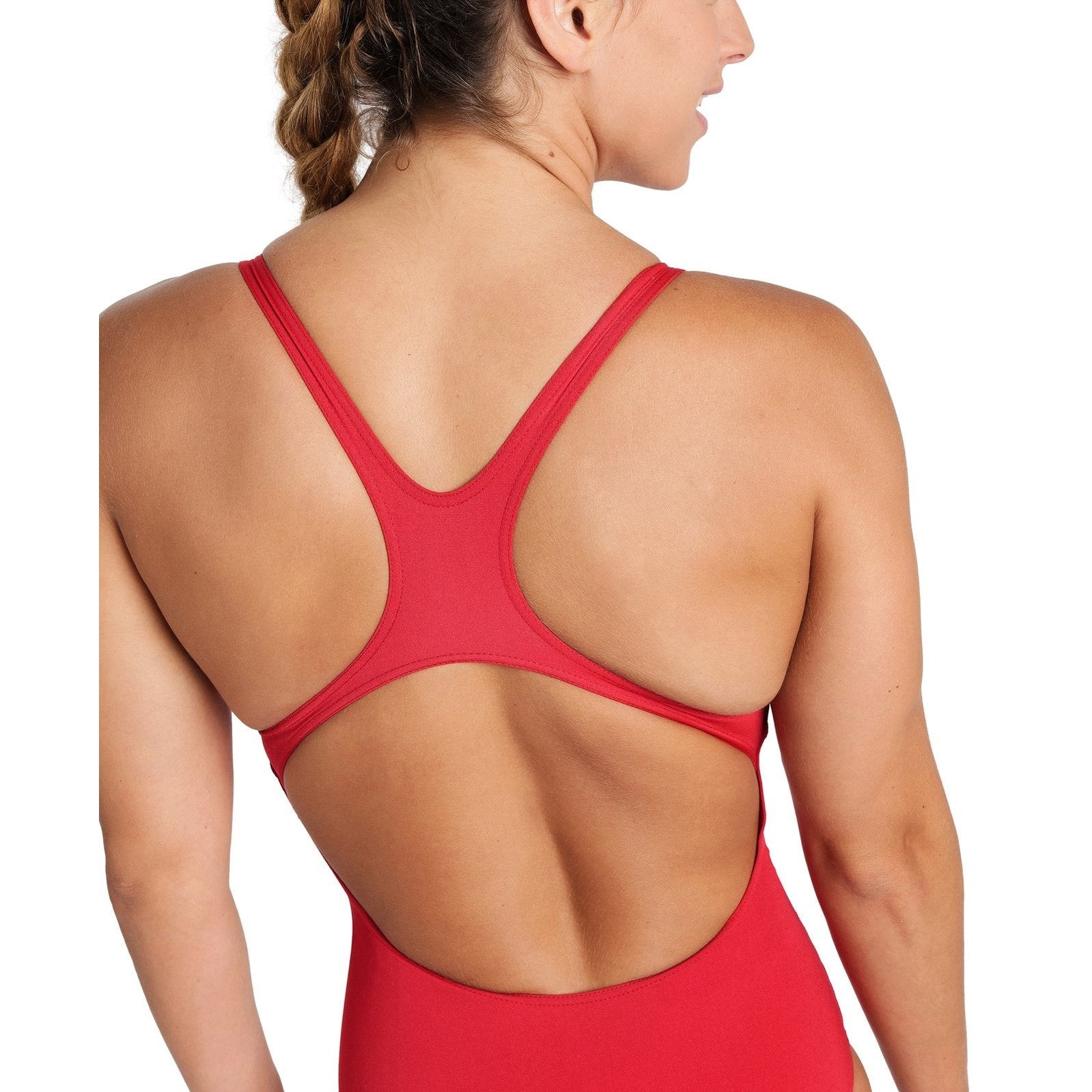 Arena Women's Solid Pro Swimming Costume, front view showing sleek, fitted black swimsuit designed for competitive swimming.