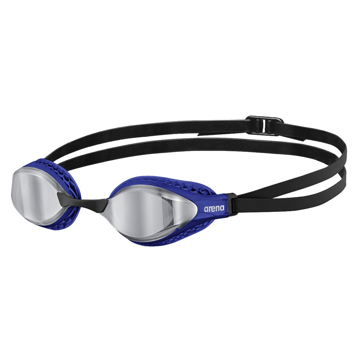 Arena Airspeed Mirror Swim Goggles with reflective lenses, adjustable strap, and streamlined design for competitive swimming.