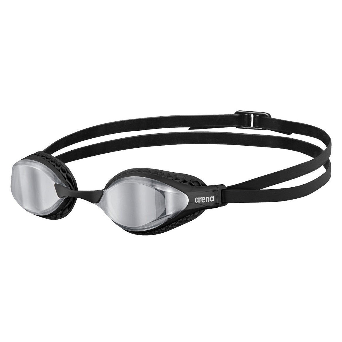 Arena Airspeed Mirror Swim Goggles with mirrored lenses, adjustable straps, and a sleek design for competitive swimming.