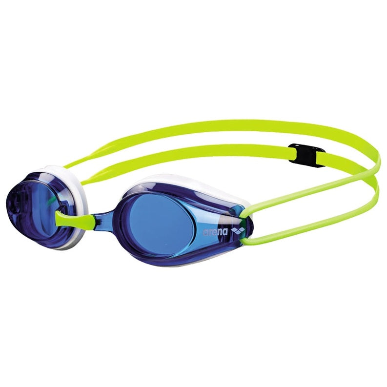 Arena Tracks Junior swimming goggles with clear lenses and adjustable strap, designed for comfortable swimming for kids.
