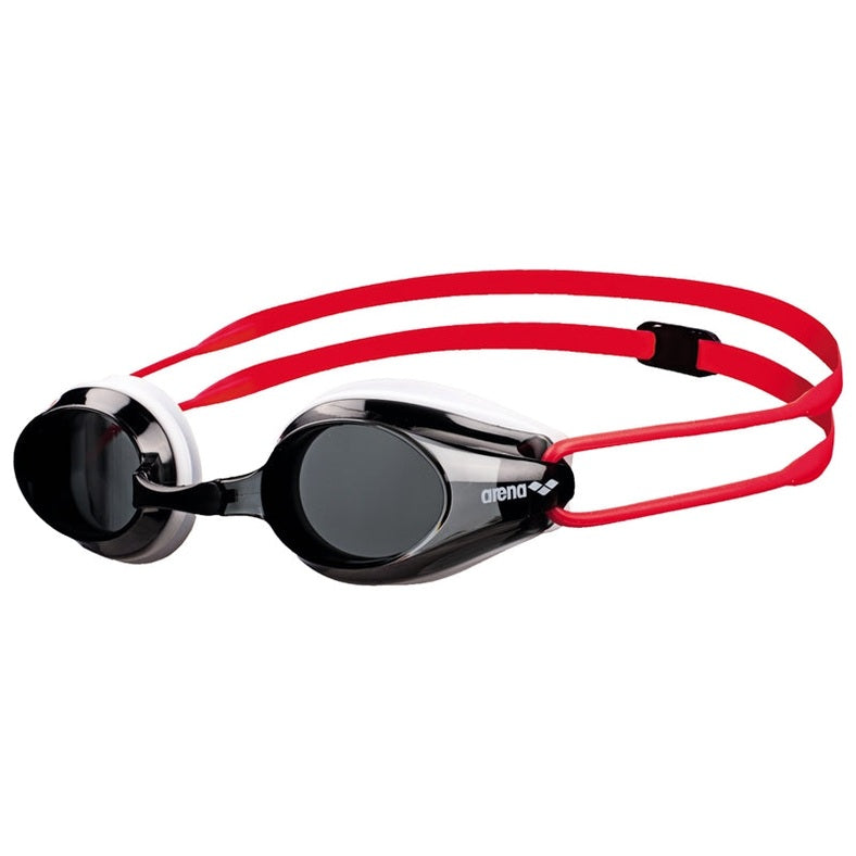 Arena Tracks Junior Swim Goggles in blue with adjustable straps and clear lenses for comfortable swimming.