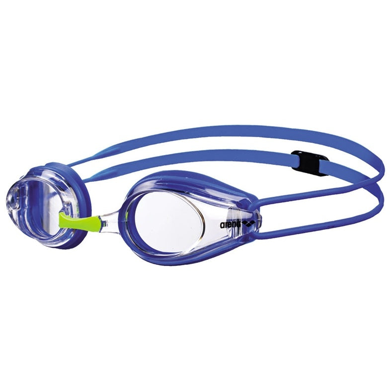 Arena Tracks Junior swimming goggles with clear lenses and adjustable straps, designed for young swimmers.