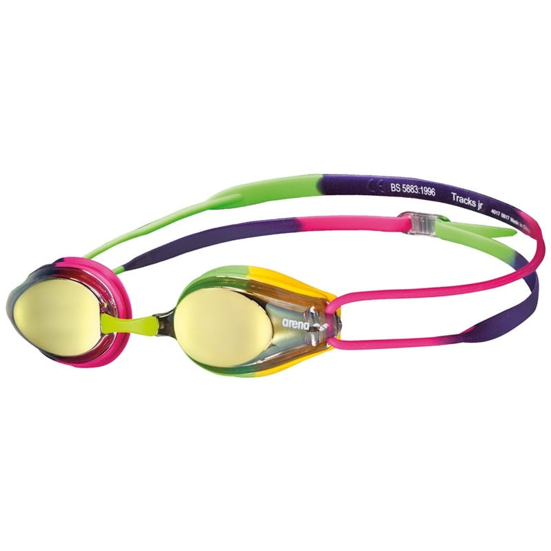 Arena Tracks Mirror Junior Swim Goggles with mirrored lenses and adjustable straps, designed for comfortable swimming for kids.