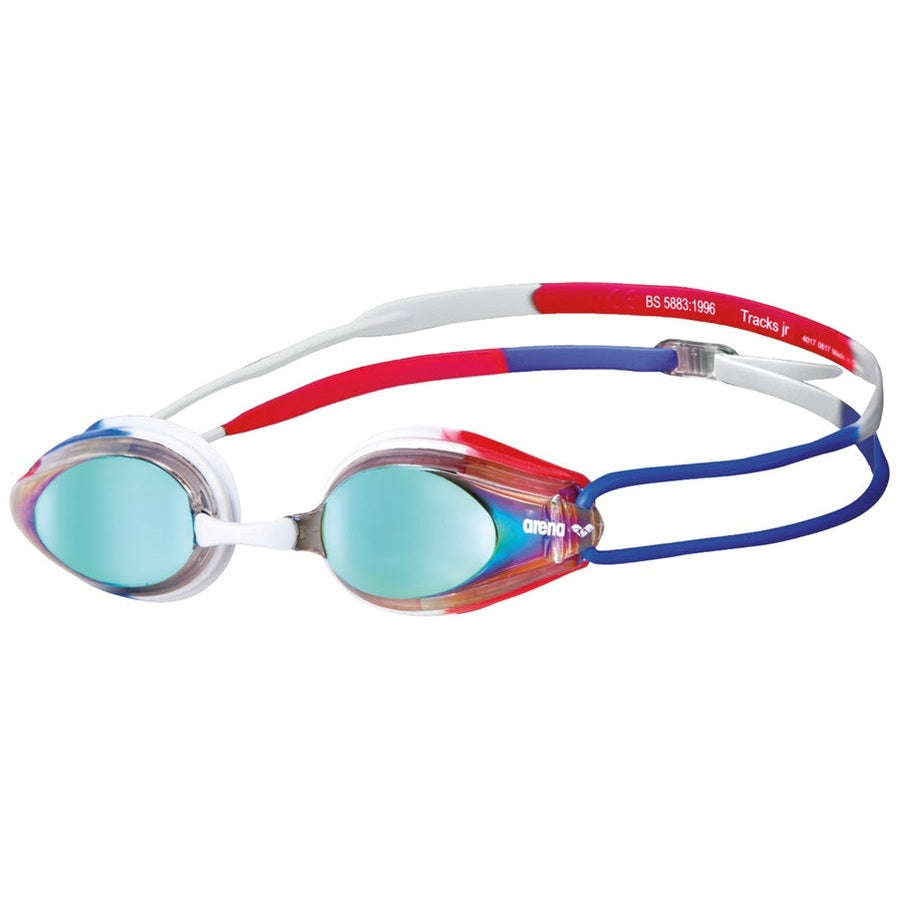 Arena Tracks Junior Swim Goggles, close-up of the swimming goggles with adjustable straps and clear lenses for young swimmers.