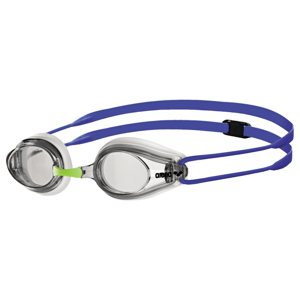 Arena Tracks Senior Swim Goggles in navy and clear with adjustable straps, designed for comfortable competitive swimming.