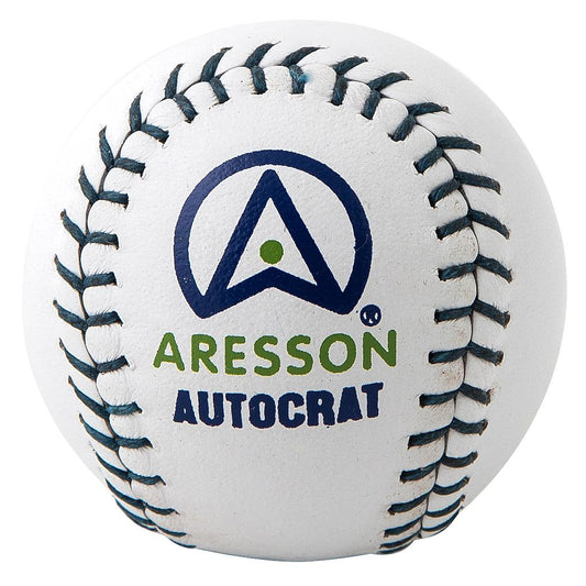 Aresson Autocrat Rounders Ball for sporting goods, showing a close-up of the rounders ball with brand logo and textured surface.