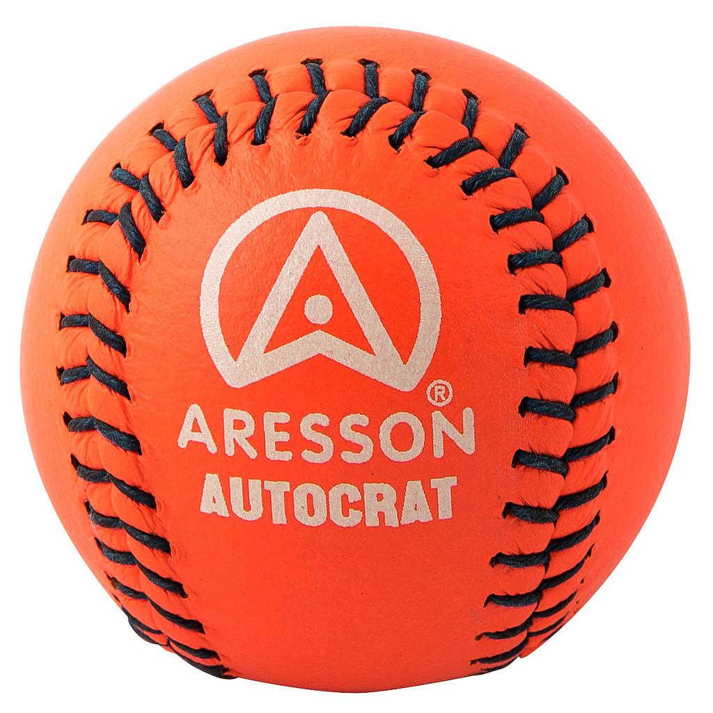 Aresson Autocrat rounders ball for sporting goods, showing a close-up of the rounders ball with branding and textured surface.