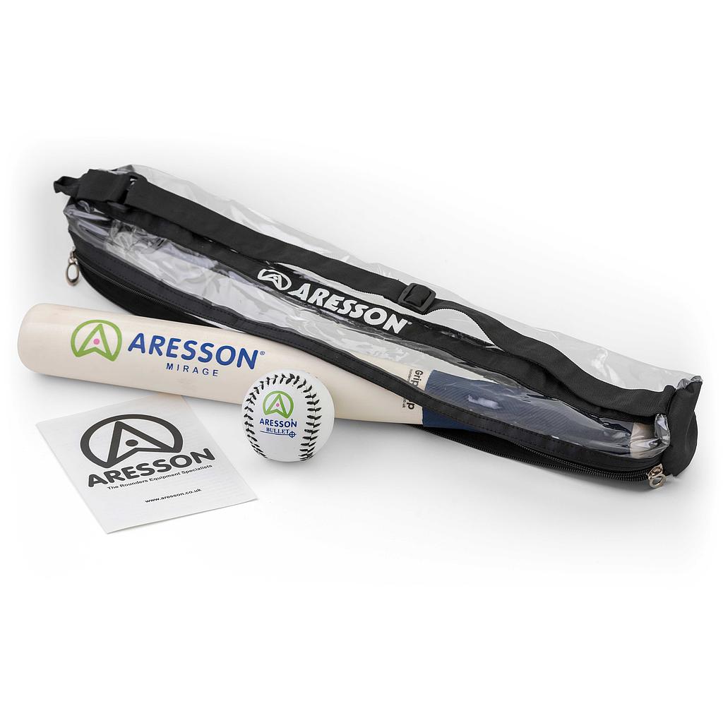 Aresson Mirage rounders bat and ball set for sporting goods, featuring a wooden bat and a rounders ball on a neutral background.