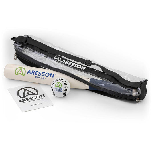 Aresson Mirage rounders bat and ball set for sporting goods, featuring a wooden bat and a rounders ball on a neutral background.