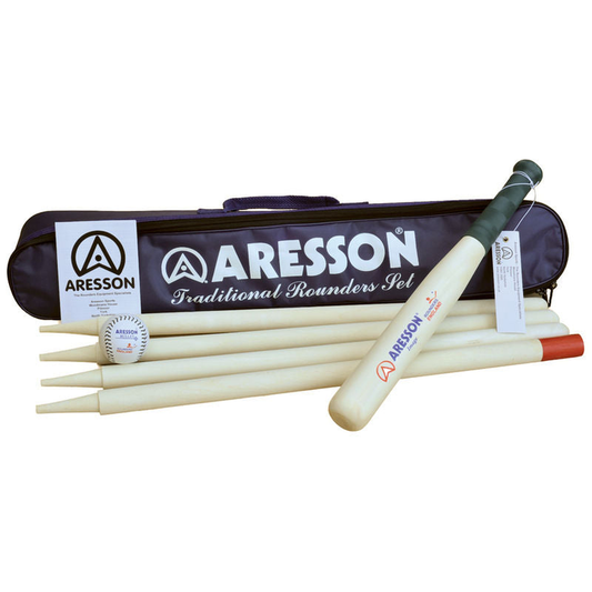 Aresson Traditional Rounders Set with wooden bat, ball, and bases for outdoor sport play.