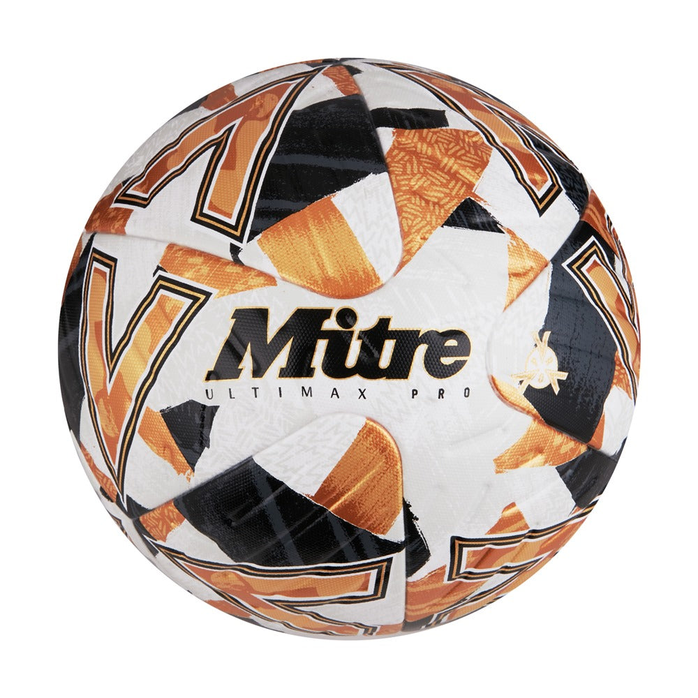 Mitre Ultimax Pro football showing textured surface and brand logo, designed for optimal grip and performance on the field.