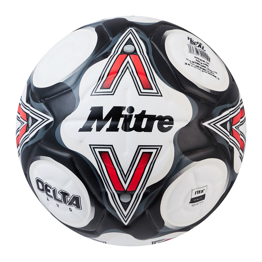 Mitre Delta Evo football with a white and black design, featuring the Mitre brand logo and textured surface for optimal grip.
