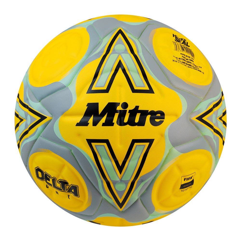Mitre Delta One football showing a close-up of the black, white, and orange patterned football ball for soccer play.