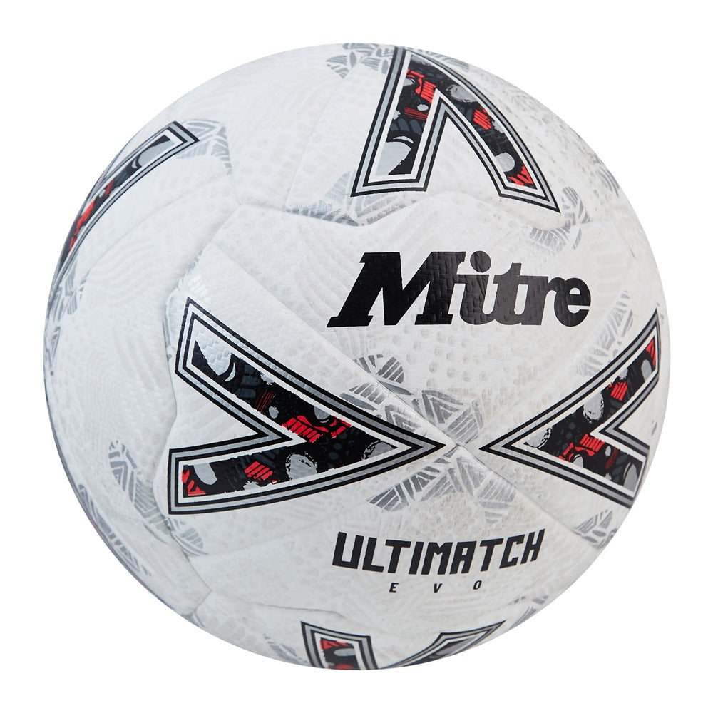 Mitre Ultimatch Evo football ball with detailed panel design, suitable for training and match play.