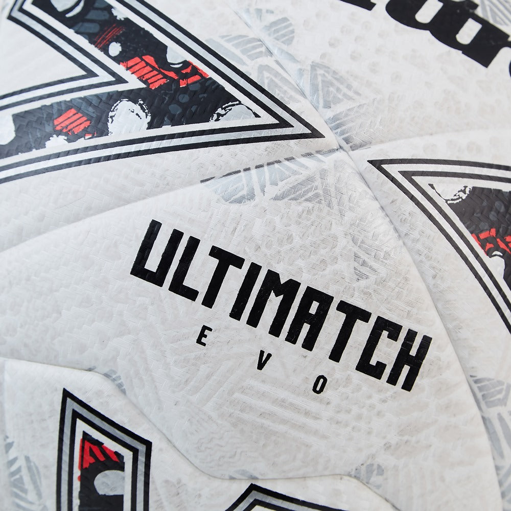 Mitre Ultimatch Evo football ball with detailed surface design, used for training and match play.