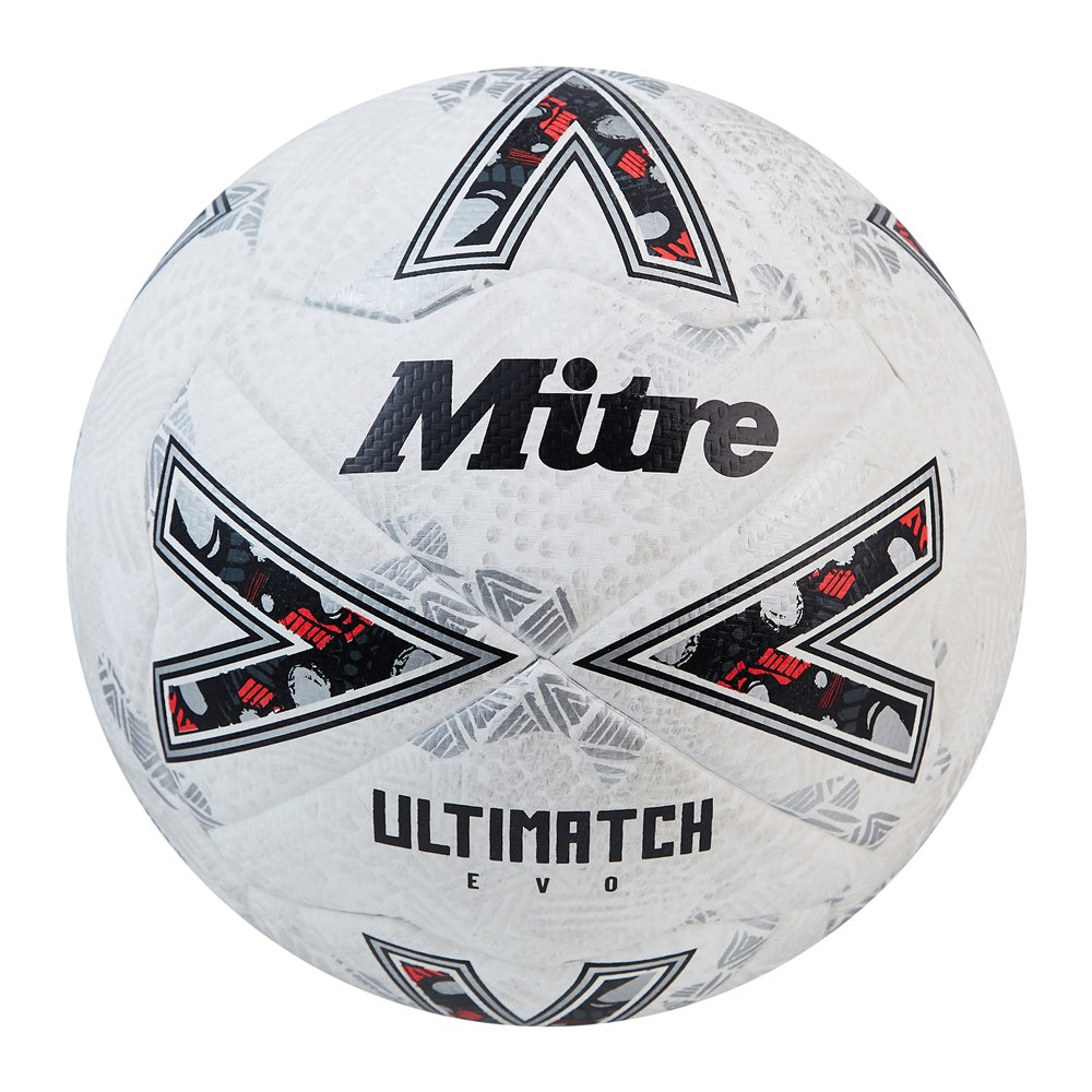 Mitre Ultimatch Evo football showing a close-up of the textured surface and classic design for soccer matches