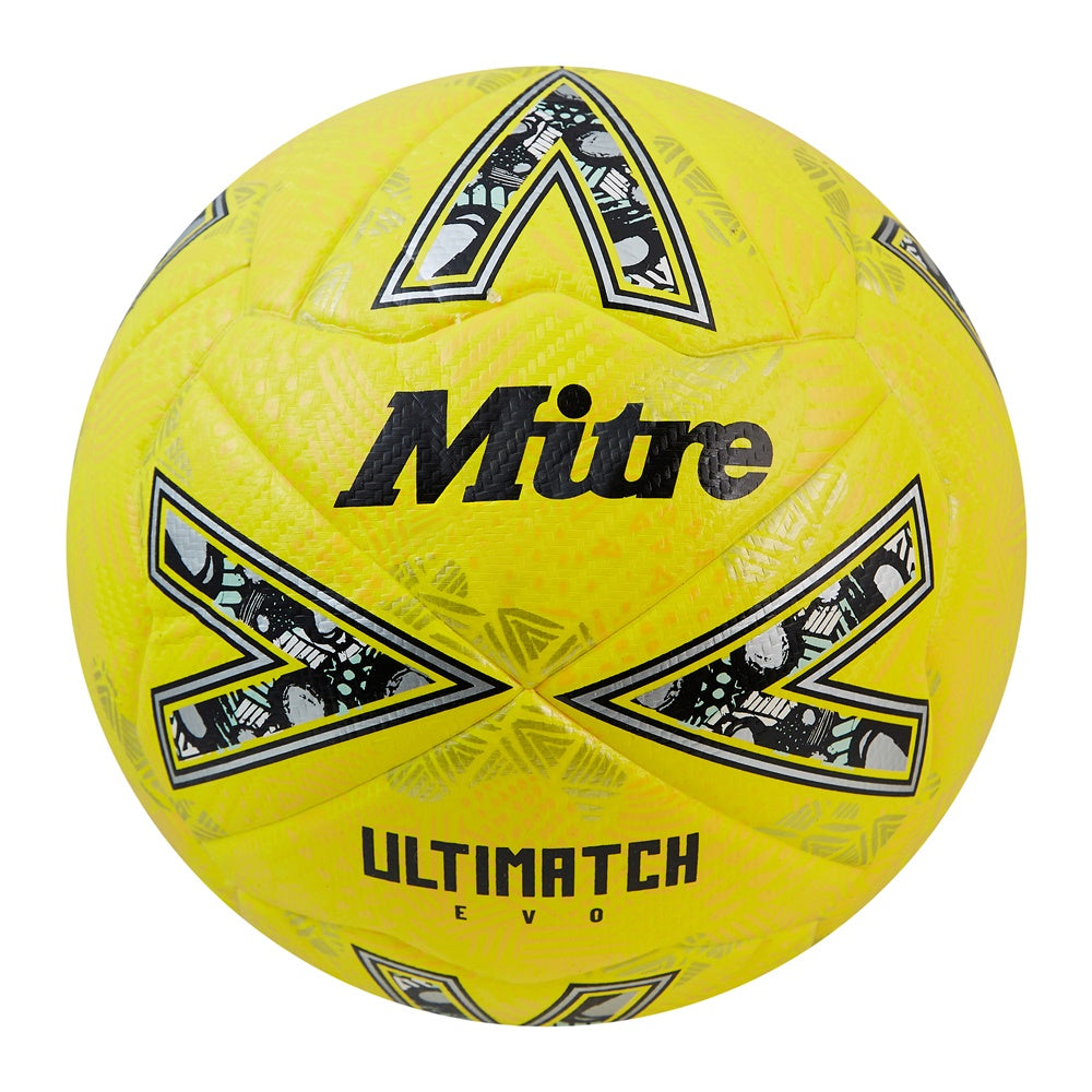 Mitre Ultimatch Evo football with a white and black design, featuring textured surface and brand logo visible on the ball.