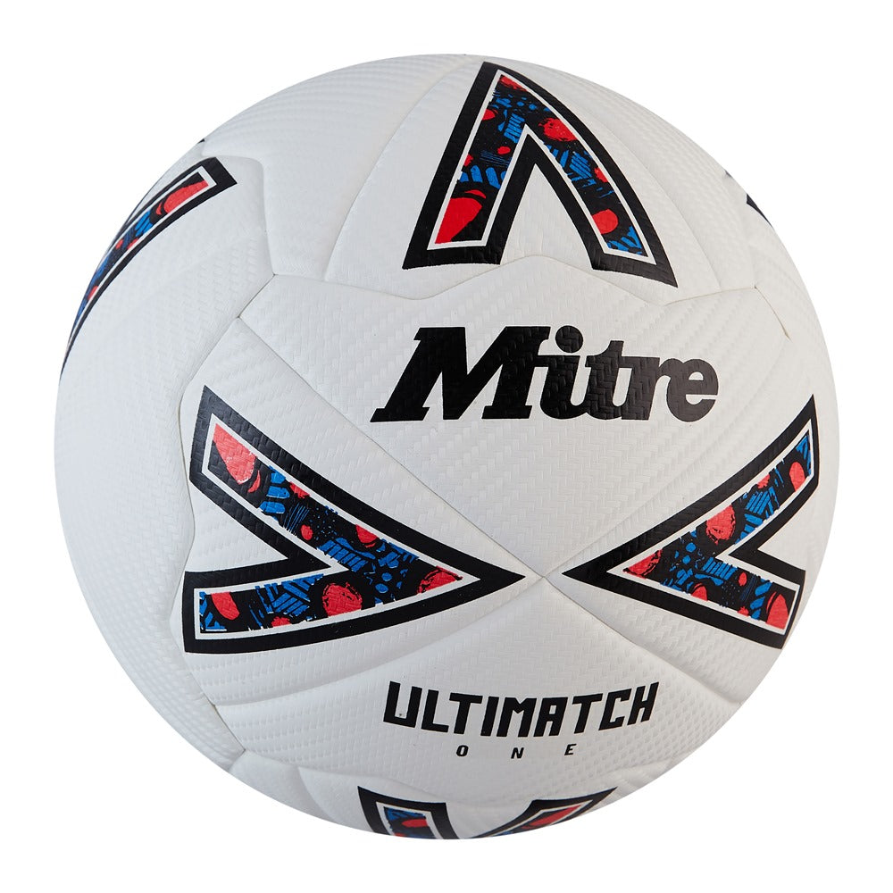 Mitre Ultimatch One football with black and white panel design, standard size football ball for training and matches.