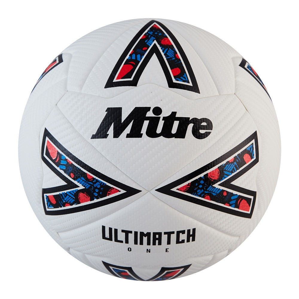 Mitre Ultimatch One football with black and white panel design, standard size footballball for soccer training and matches.