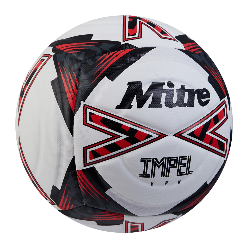 Mitre Impel Evo football ball with detailed surface design and vibrant colors, ideal for training and match play.