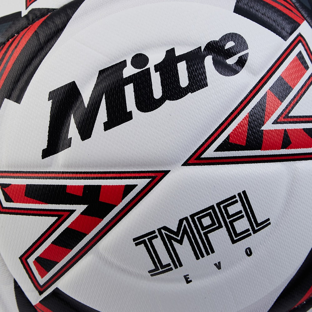 Mitre Impel Evo football ball with detailed panel design, shown on a white background.