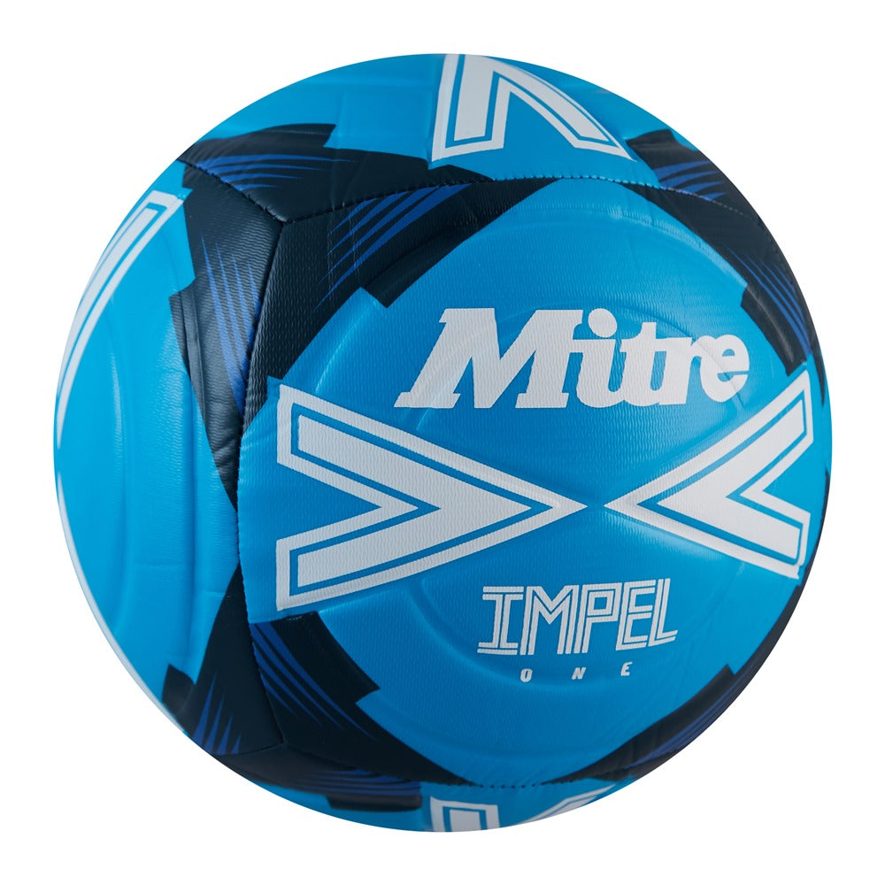 Mitre Impel One football with a white and blue design, standard size football for training and matches, close-up view.