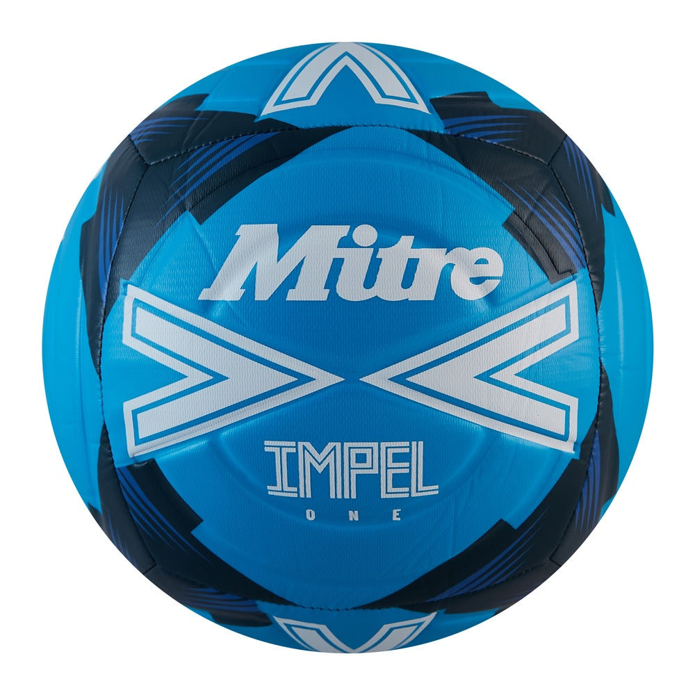 Mitre Impel One football with durable grass astro surface, showing the textured black and white panel design for outdoor play.