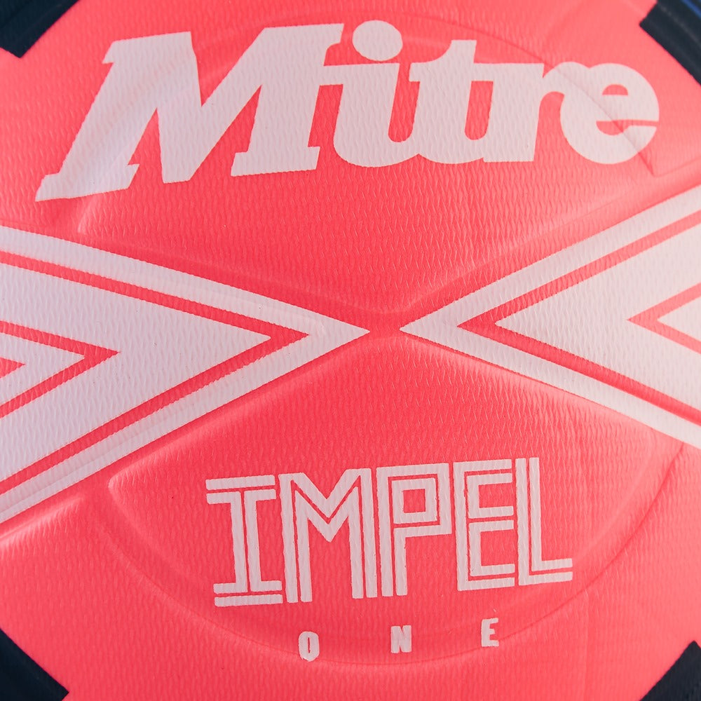 Mitre Impel One football ball with a white and black design, suitable for outdoor soccer matches.