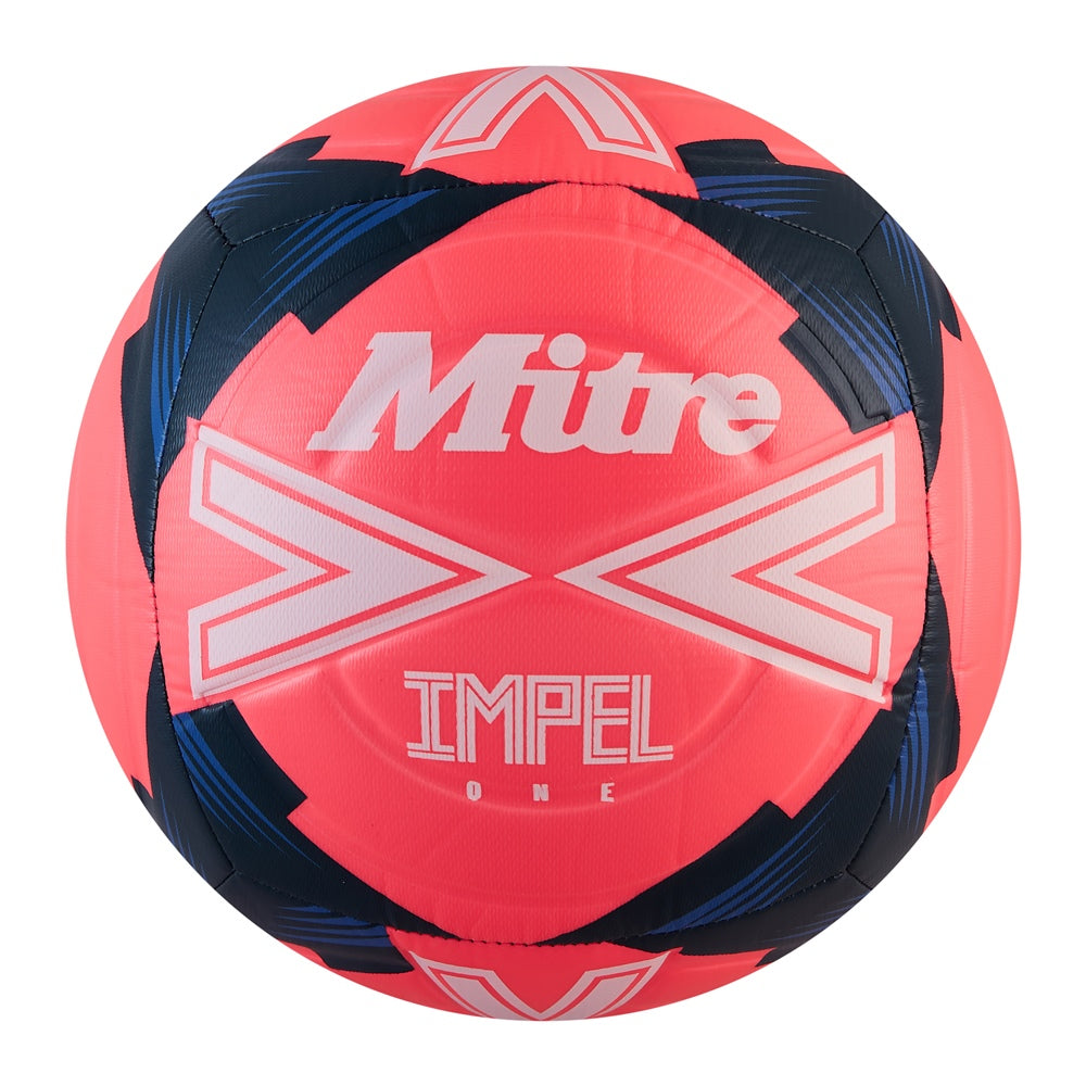Mitre Impel One football for grass and astro pitches, showing detailed surface texture and branding on the durable football ball.