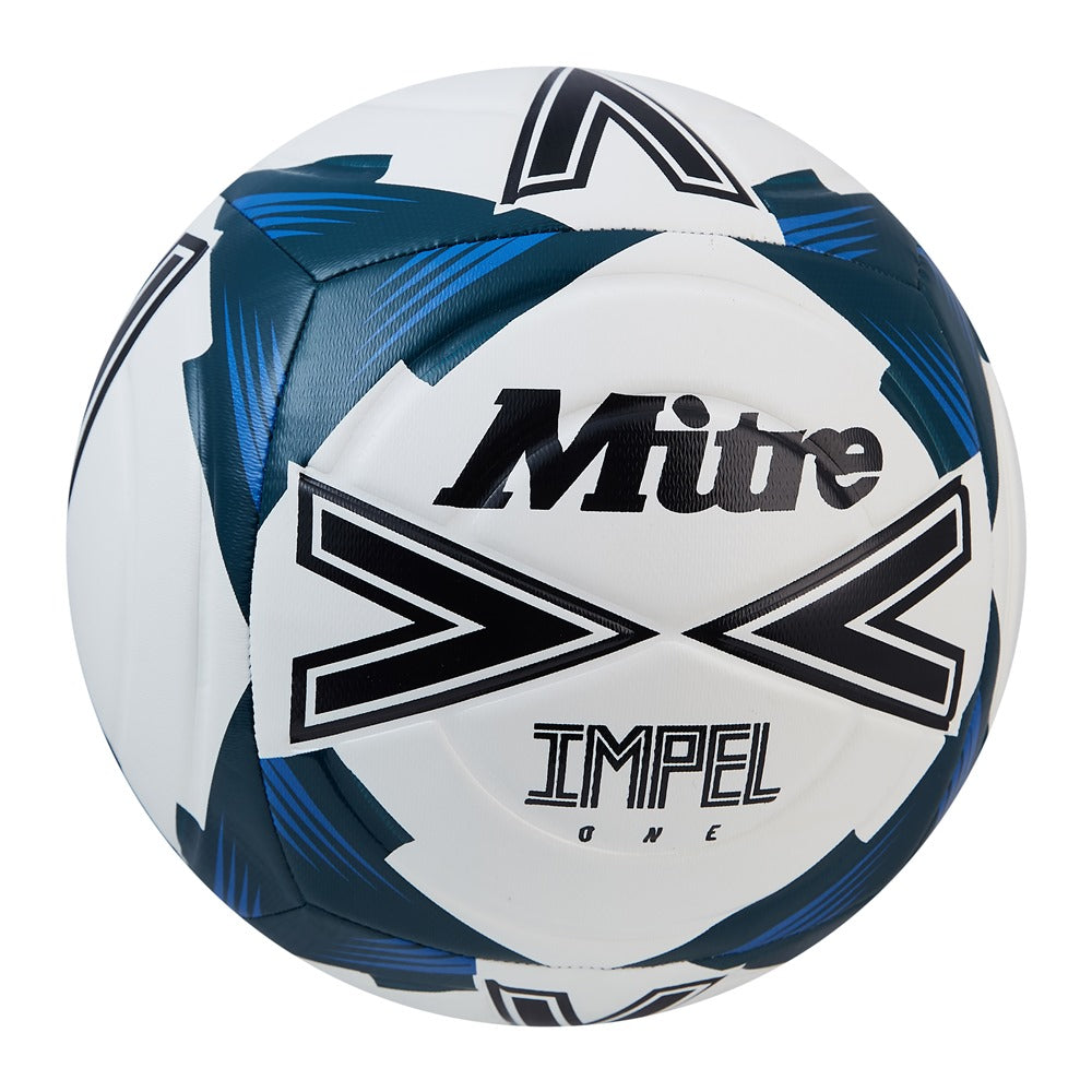 Mitre Impel One football showing the colorful, patterned surface of this official size football ball for training or matches.