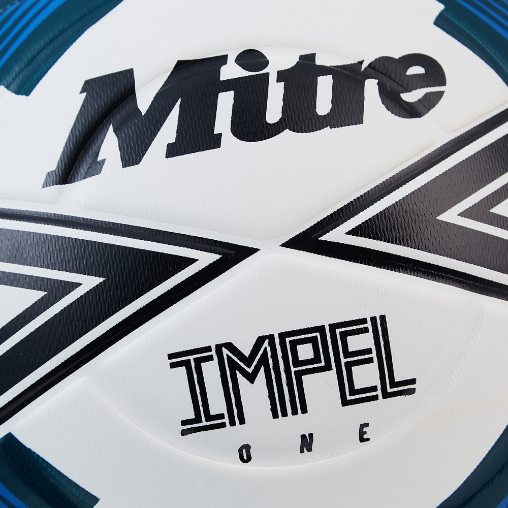 Mitre Impel One football ball with a black and white geometric pattern, ideal for soccer gameplay.