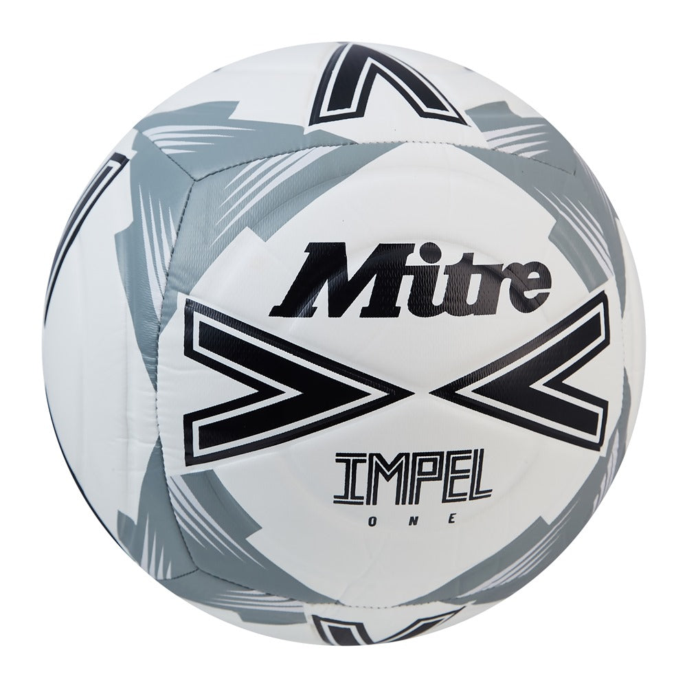 Mitre Impel One football with a white, black, and red design, standard size football ball for training and matches.